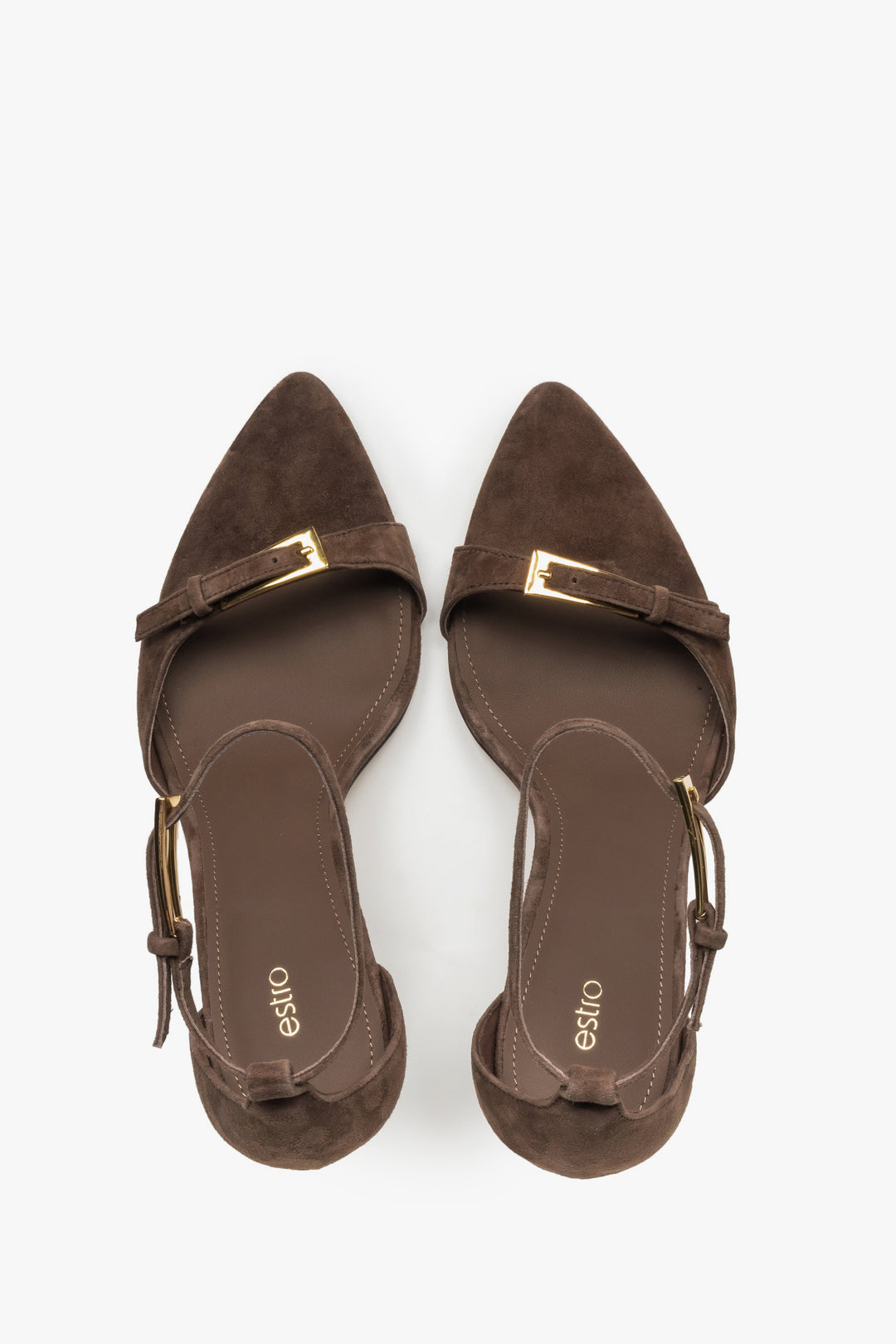 Dunkelbraune Damen-Sandaletten aus Veloursleder von oben mit Chevreau-Decksohle
