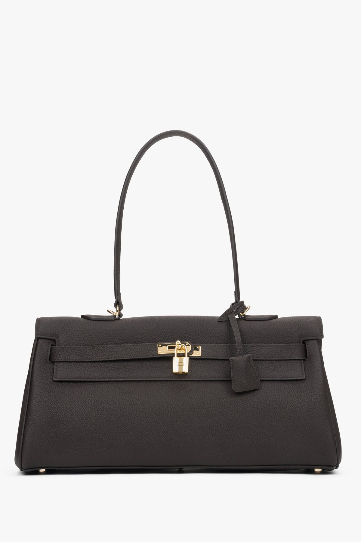 Flache Frontansicht der dunkelbraunen Damen-Schultertasche aus Echtleder 