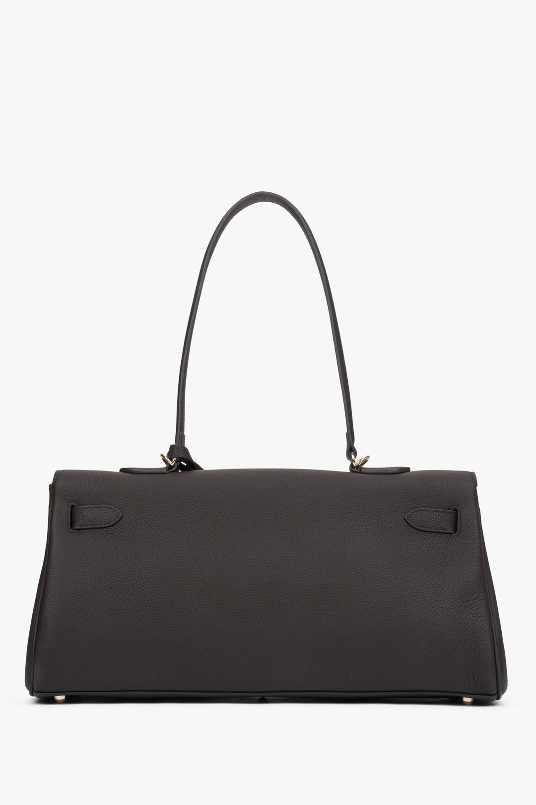 Flache Rückansicht der eleganten dunkelbraunen Schultertasche 