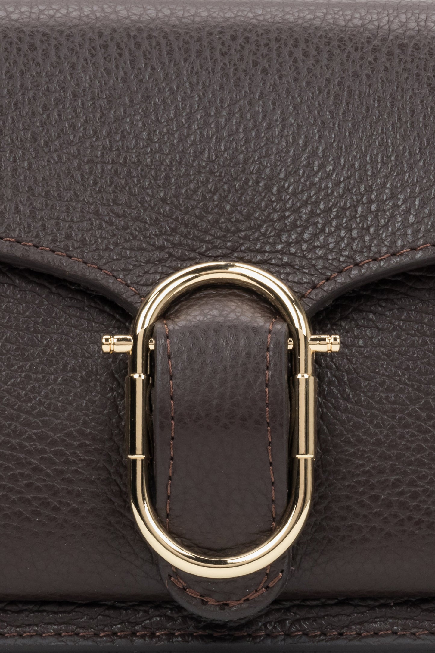 Detailaufnahme des dunkelbraunen, genarbten Leders und des glänzenden goldenen Ringverschlusses 