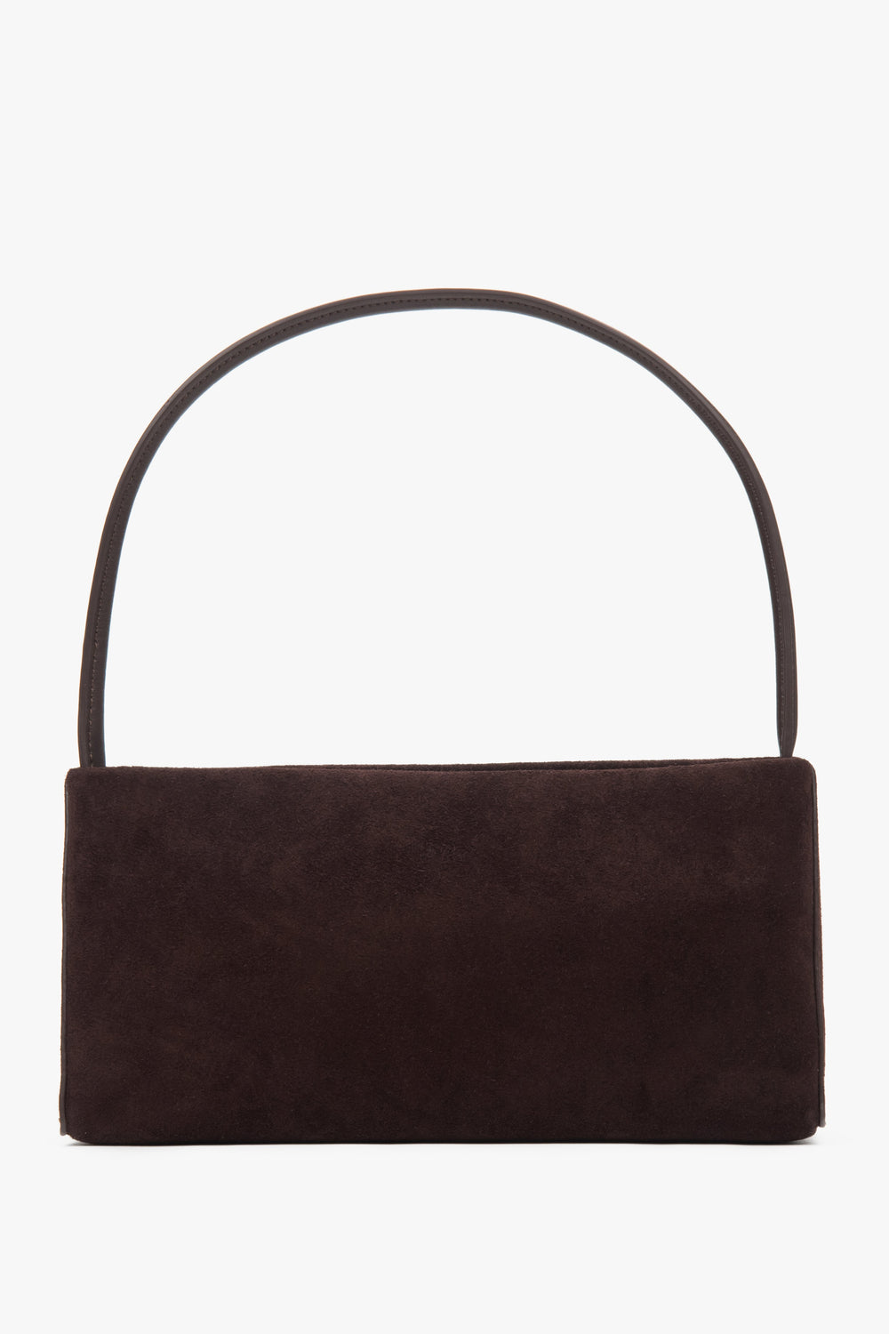 Frontale Ansicht der dunkelbraunen Damen-Schultertasche aus Velours in klassischer Baguette-Form