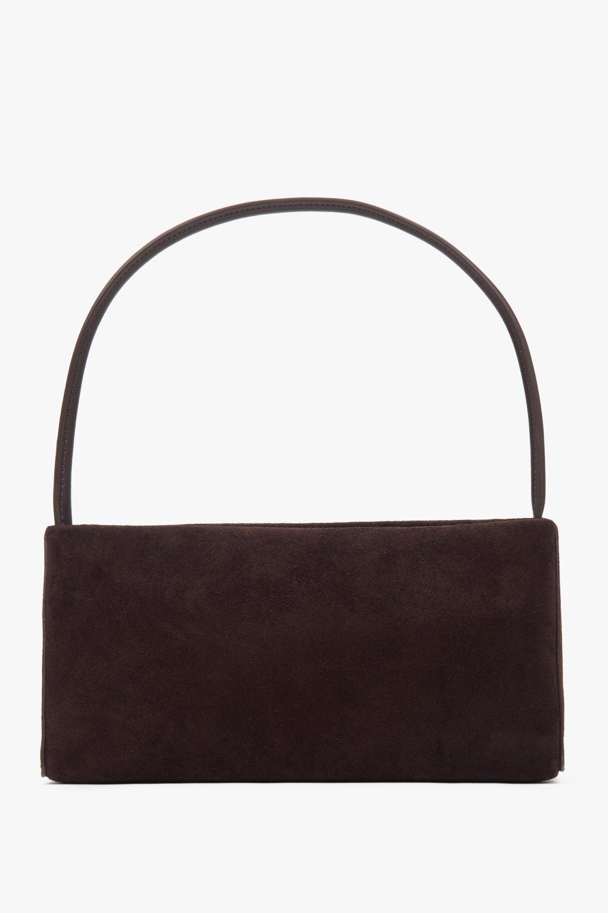 Frontale Ansicht der dunkelbraunen Damen-Schultertasche aus Velours in klassischer Baguette-Form