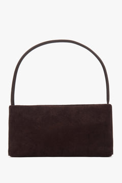 Frontale Ansicht der dunkelbraunen Damen-Schultertasche aus Velours in klassischer Baguette-Form