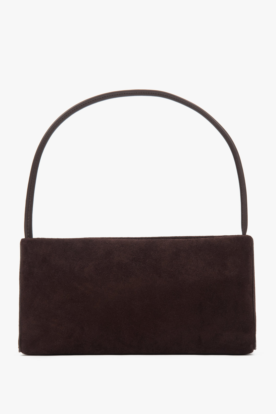 Frontale Ansicht der dunkelbraunen Damen-Schultertasche aus Velours in klassischer Baguette-Form