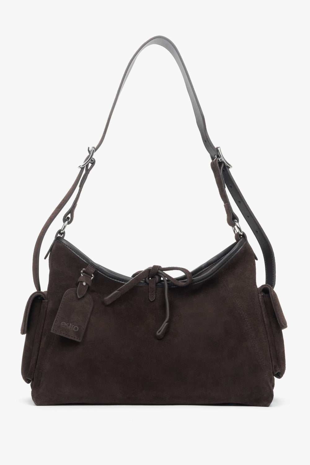 Frontalansicht der eleganten dunkelbraunen Damen-Schultertasche aus weichem Naturvelours.
