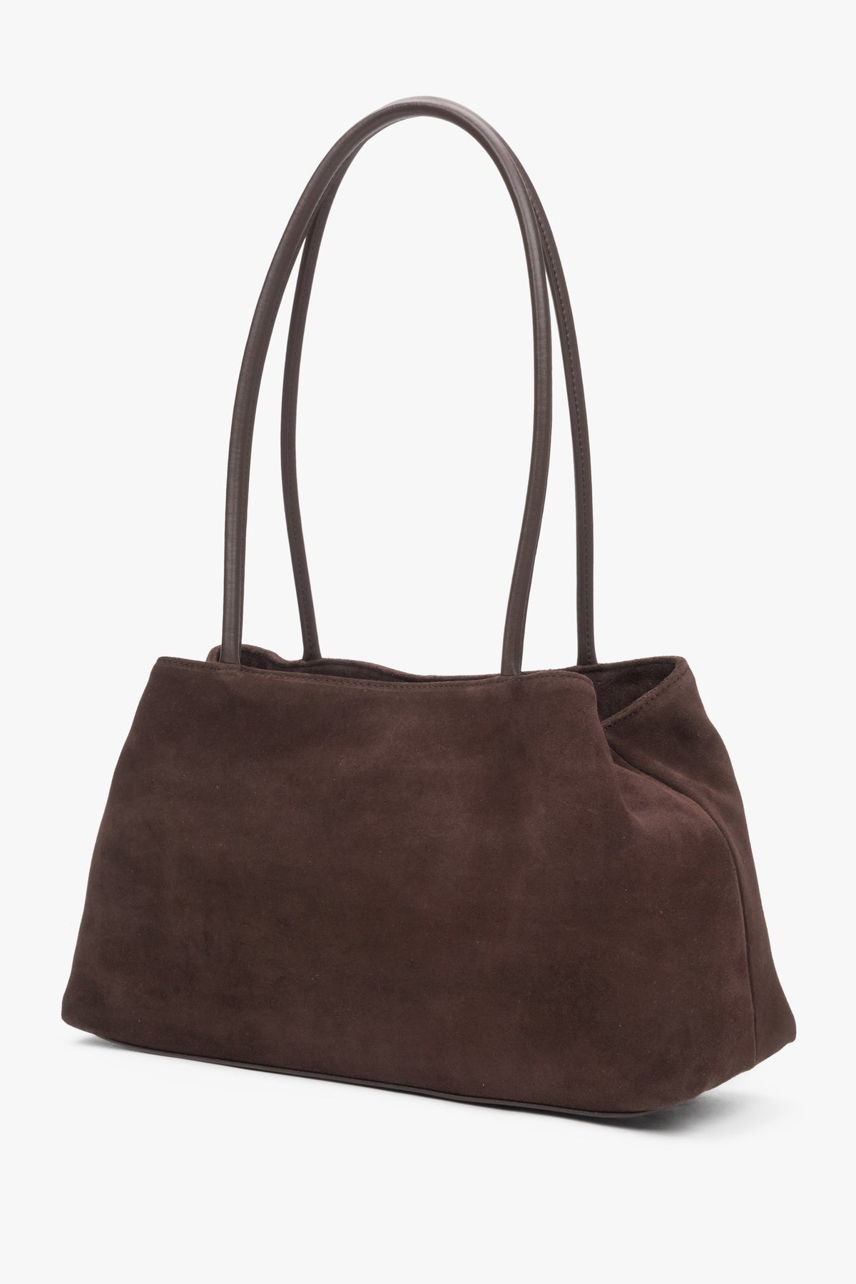Vorderansicht der dunkelbraunen Damen-Schultertasche aus natürlichem Velours.