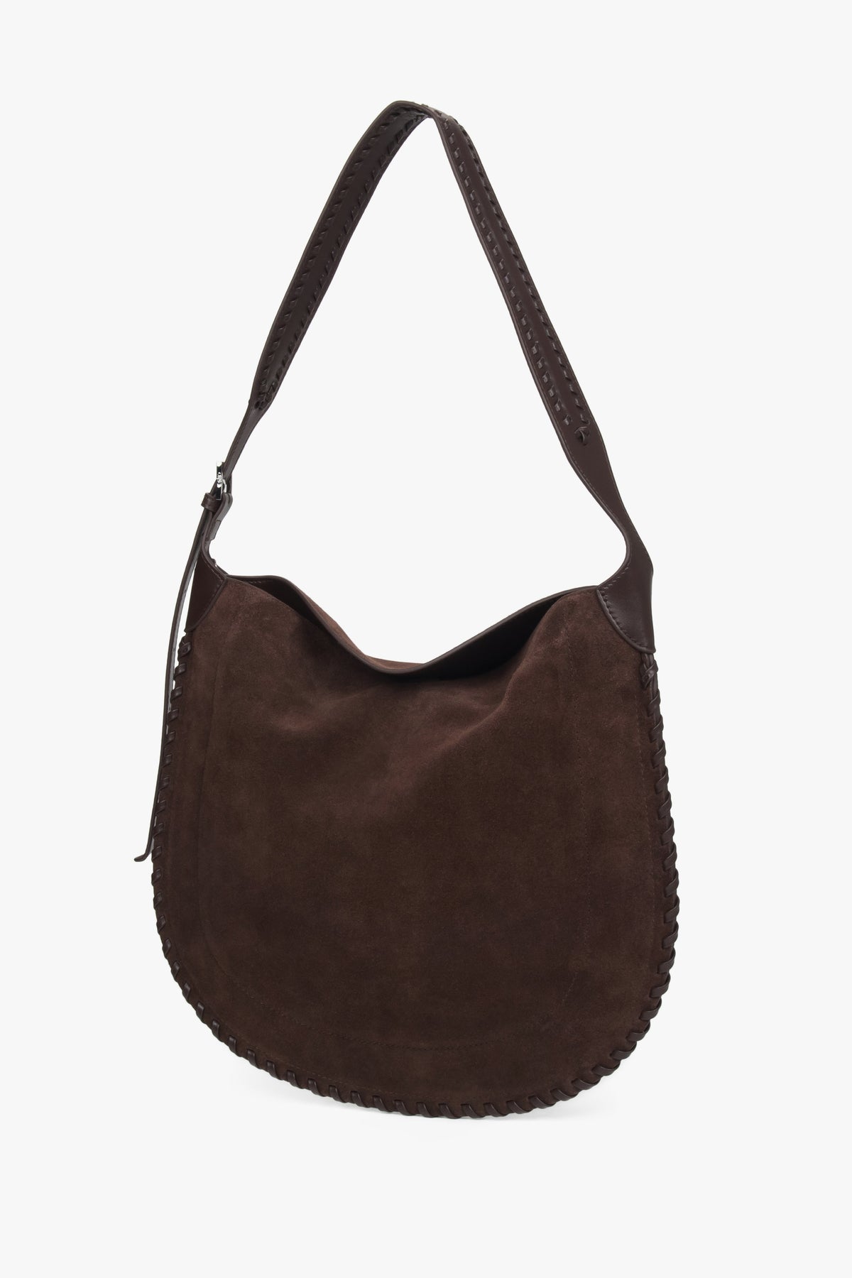 Dunkelbraune Schultertasche für Damen in geräumiger Form mit langem Schulterriemen.