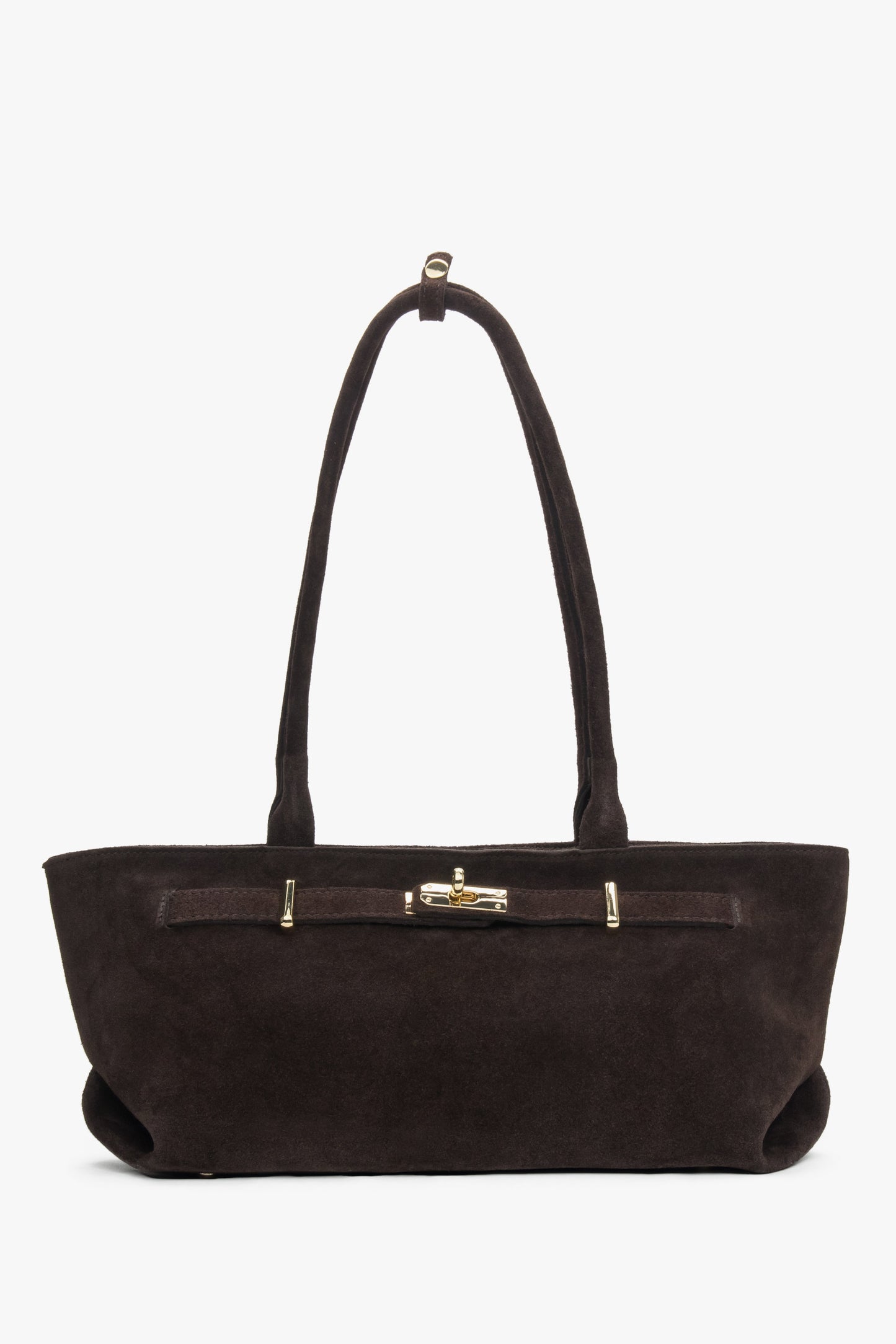 Frontale Ansicht der dunkelbraunen Damen-Schultertasche im East-West-Design