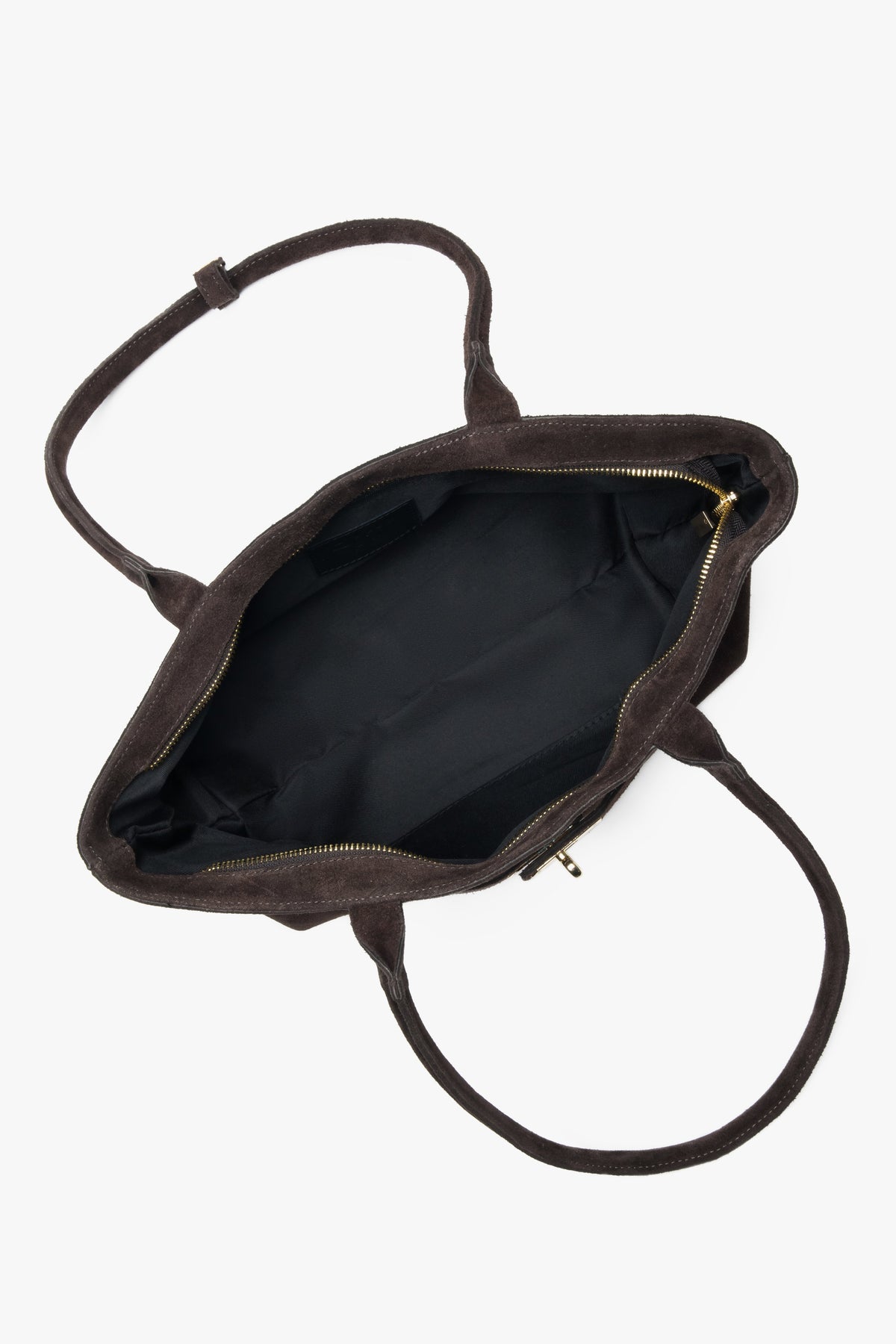 Draufsicht in das geöffnete Innere der Tasche mit Textilfutter