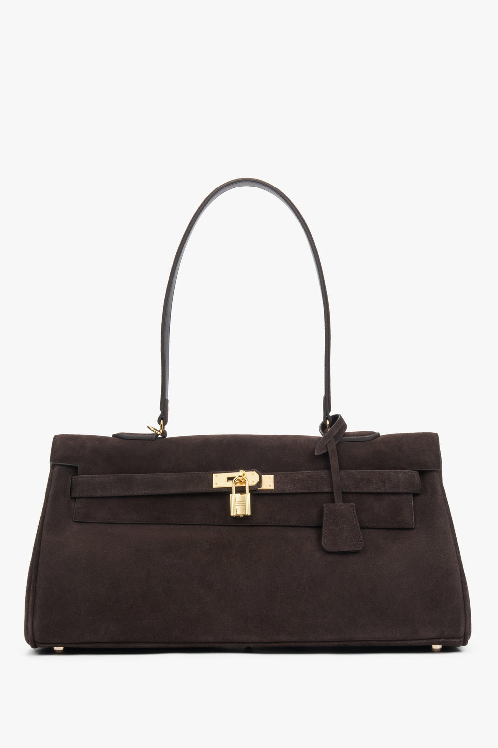 Frontale Ansicht der dunkelbraunen Damen-Schultertasche aus Velours mit goldenem Schloss-Detail