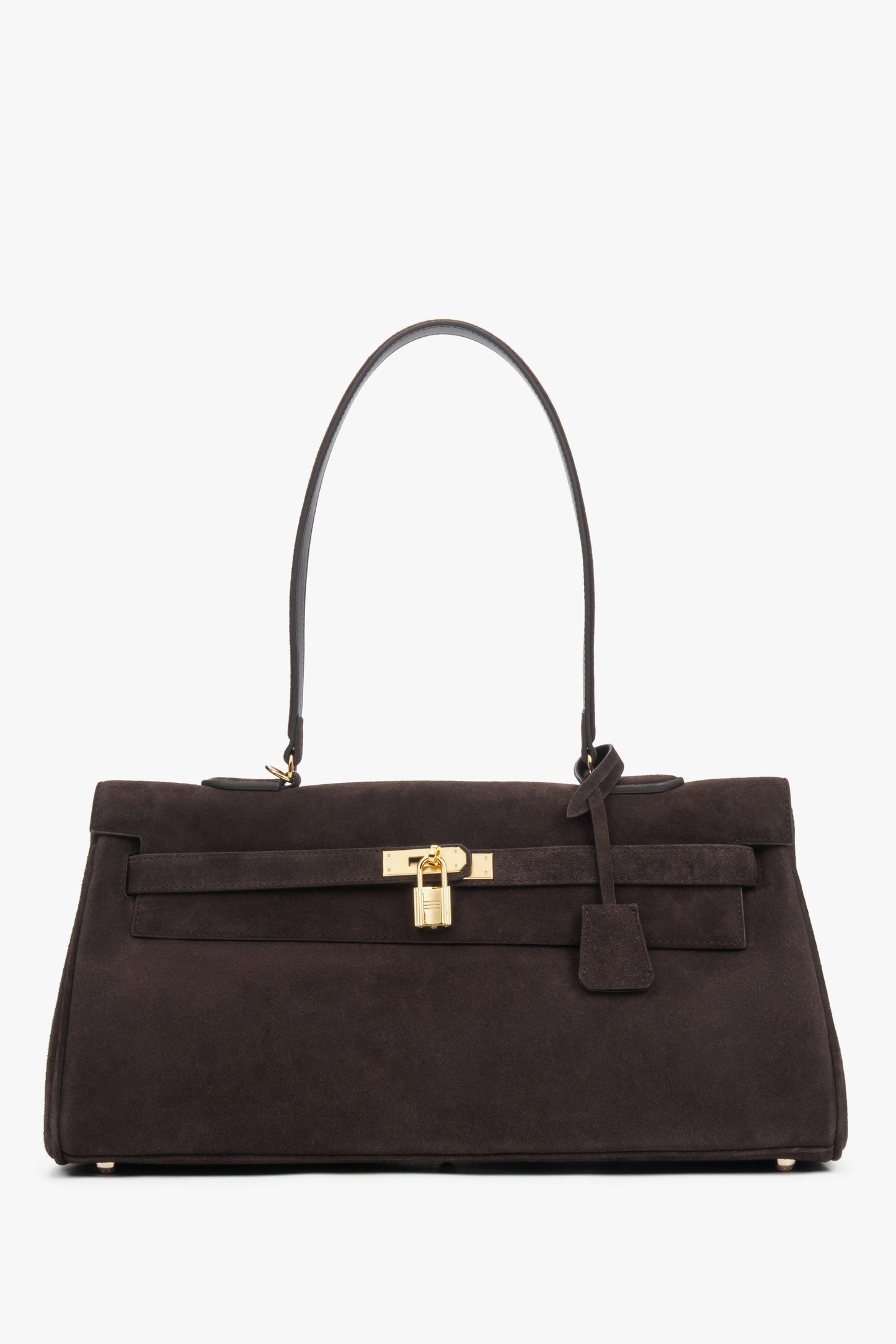 Frontale Ansicht der dunkelbraunen Damen-Schultertasche aus Velours mit goldenem Schloss-Detail