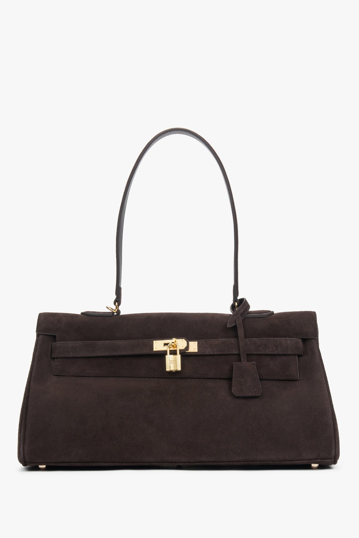 Frontale Ansicht der dunkelbraunen Damen-Schultertasche aus Velours mit goldenem Schloss-Detail