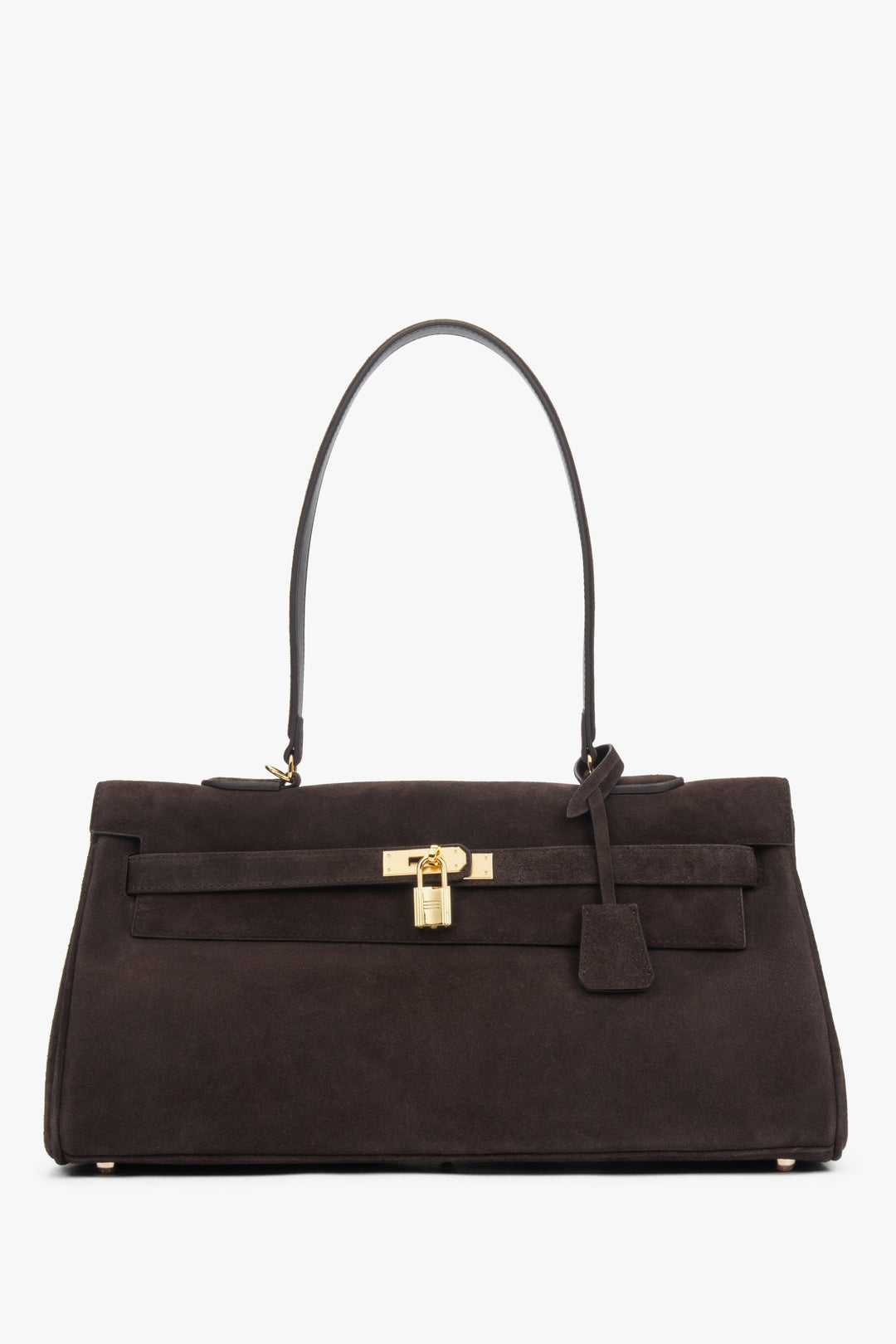 Frontale Ansicht der dunkelbraunen Damen-Schultertasche aus Velours mit goldenem Schloss-Detail