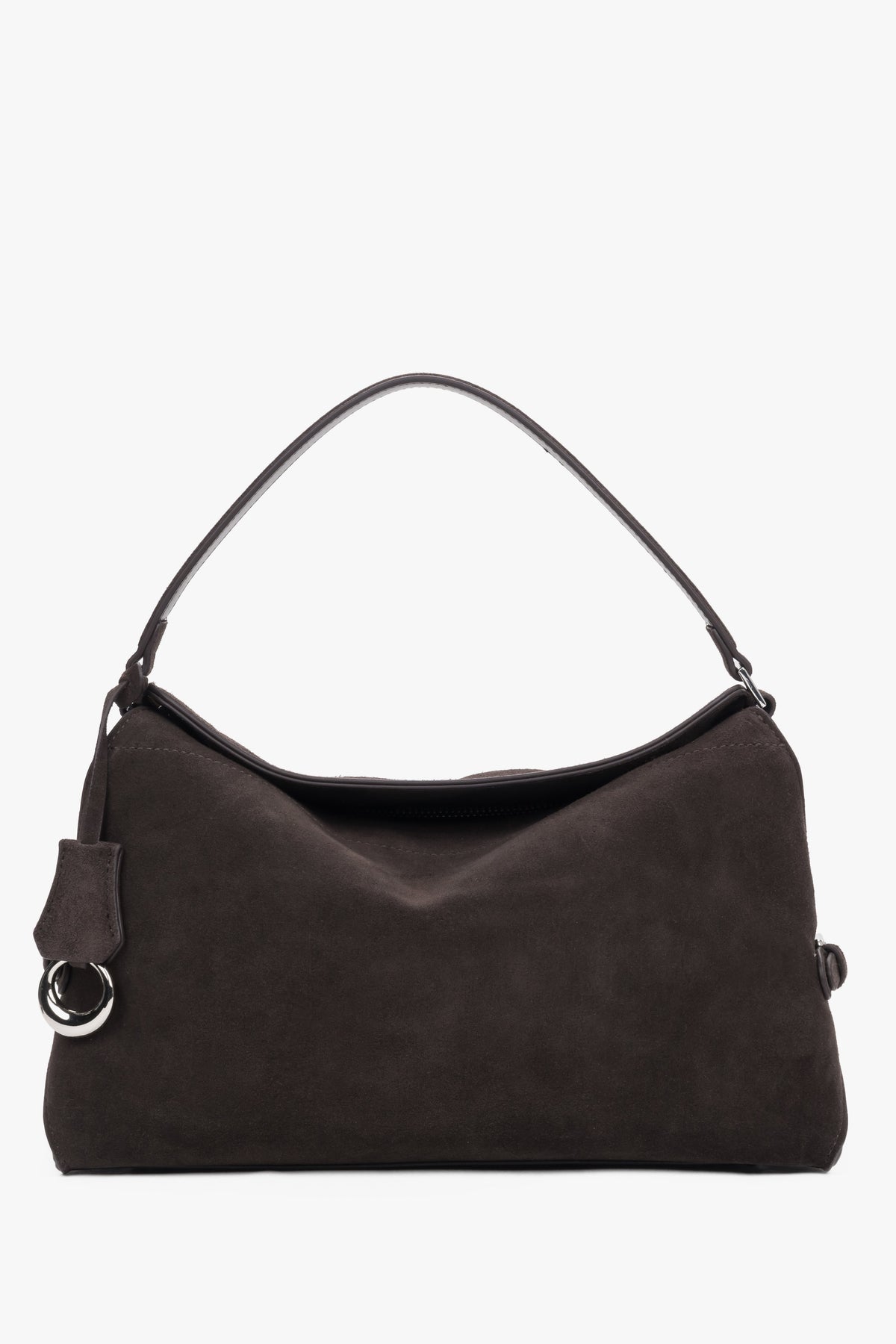 Dunkelbraune Damen-Schultertasche aus echtem Velours in Vorderansicht mit kurzem Henkel