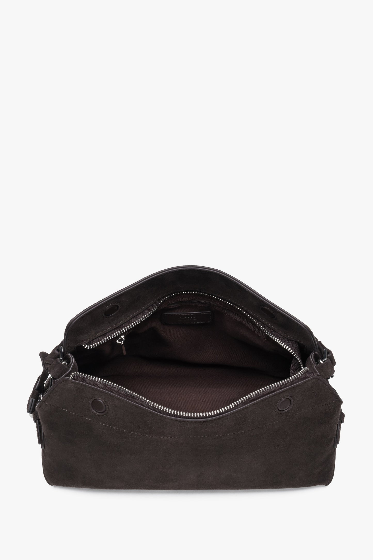 Dunkelbraune Damen-Schultertasche aus Velours von oben mit Reißverschluss