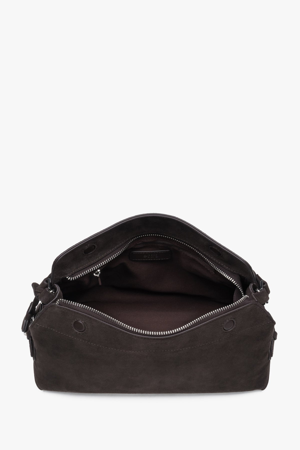 Dunkelbraune Damen-Schultertasche aus Velours von oben mit Reißverschluss