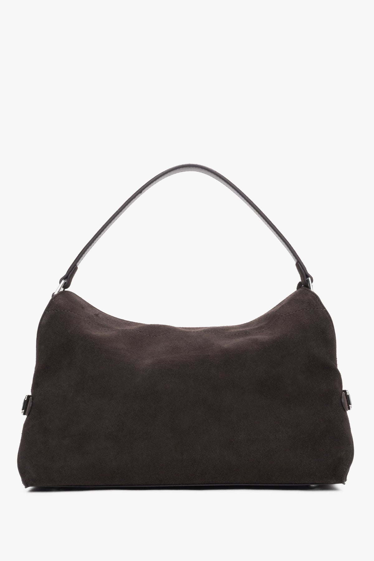 Dunkelbraune Damen-Schultertasche aus Velours in Frontansicht mit Schulterriemen