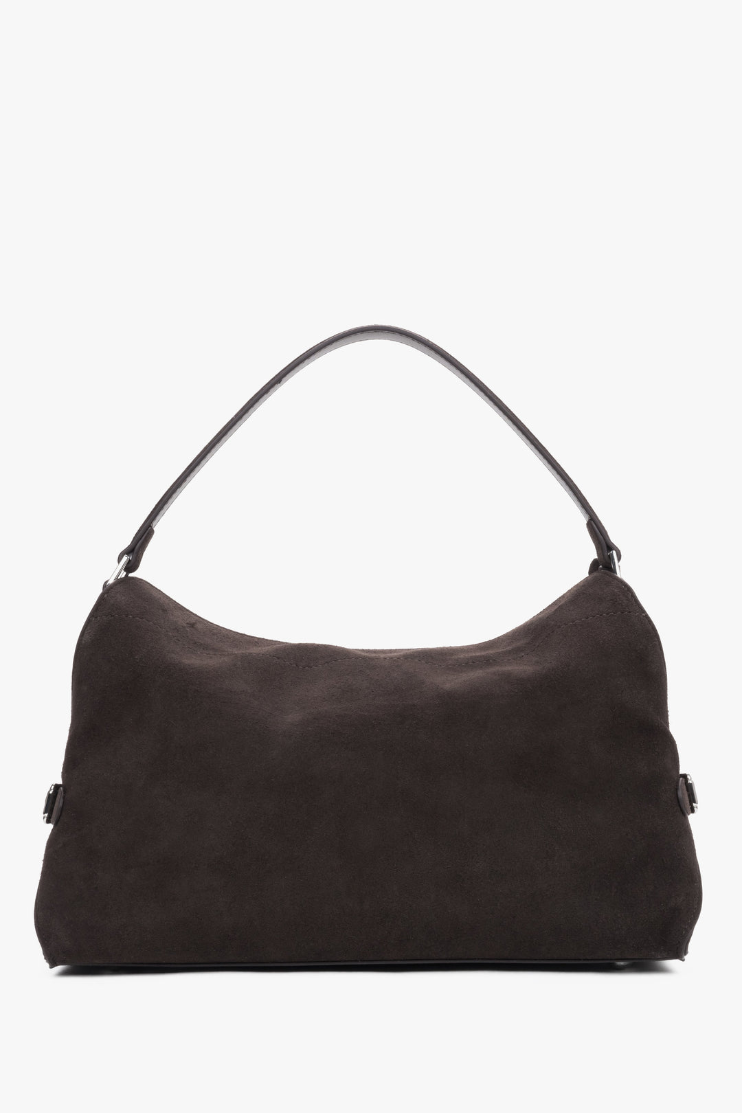Dunkelbraune Damen-Schultertasche aus Velours in Frontansicht mit Schulterriemen