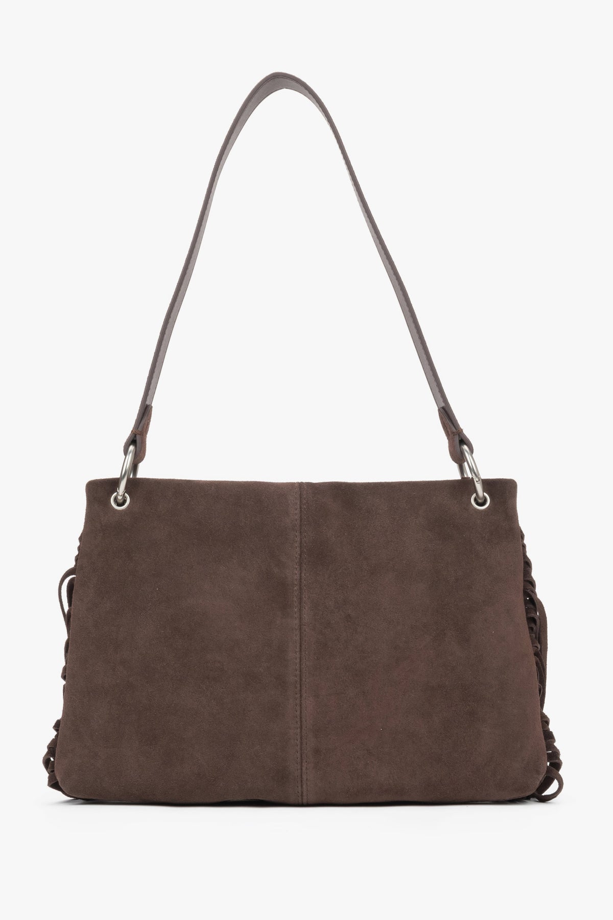 Rückansicht der dunkelbraunen Damen-Schultertasche mit Fransen