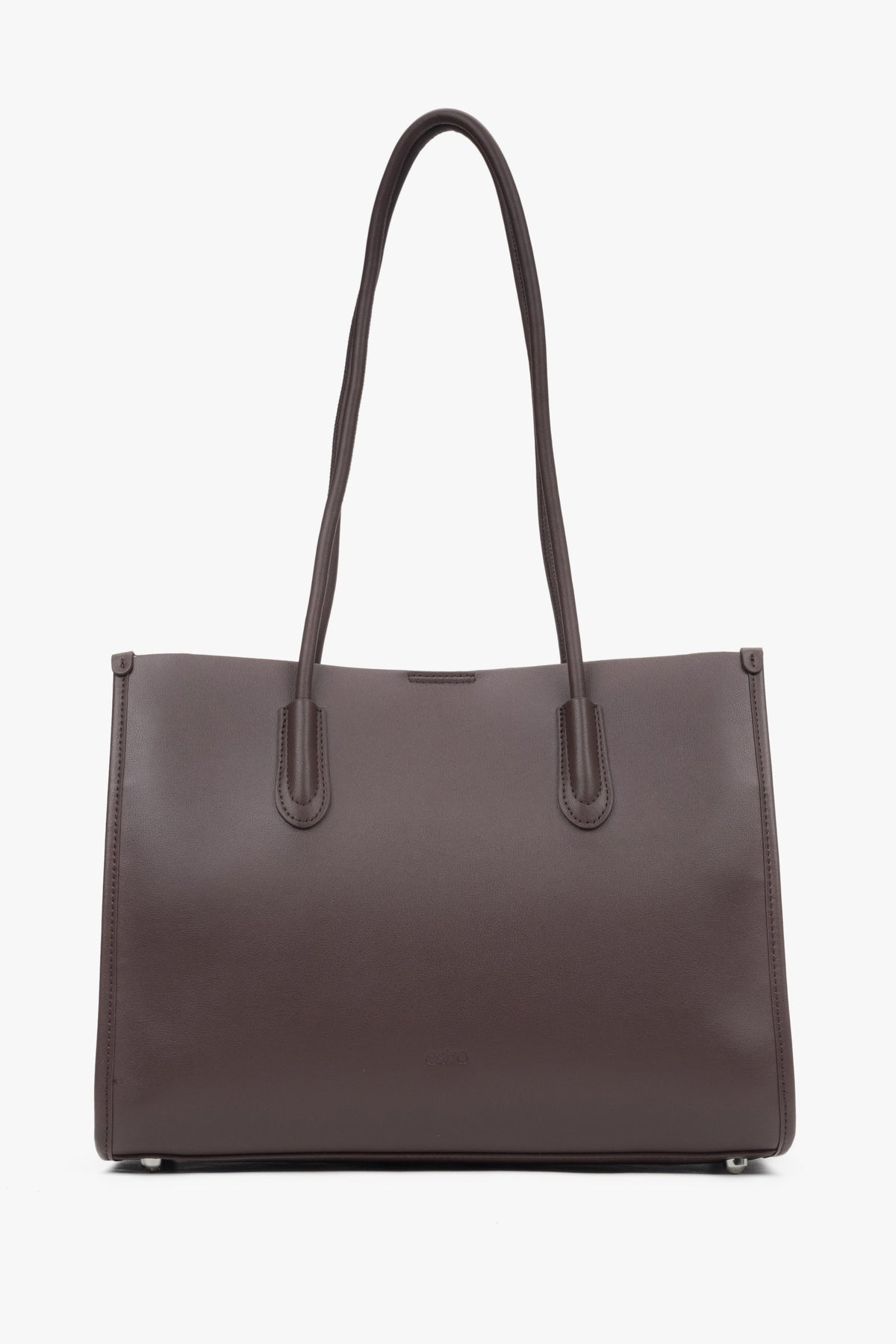 Frontale Ansicht der geräumigen dunkelbraunen Damen-Shopper-Tasche aus Echtleder mit langen, verstärkten Henkeln