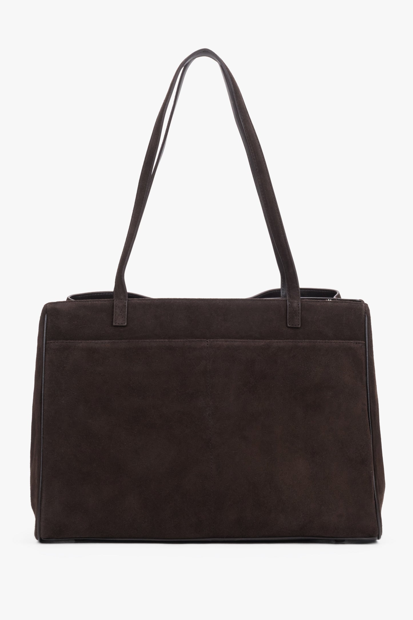 Dunkelbraune Damen-Shopper-Tasche aus natürlichem Veloursleder in Rückansicht