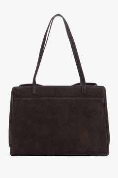 Dunkelbraune Damen-Shopper-Tasche aus natürlichem Veloursleder in Rückansicht