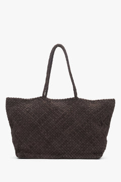 Frontalansicht der luxuriösen dunkelbraunen Damen-Shopper-Tasche mit markantem Flechtmuster.