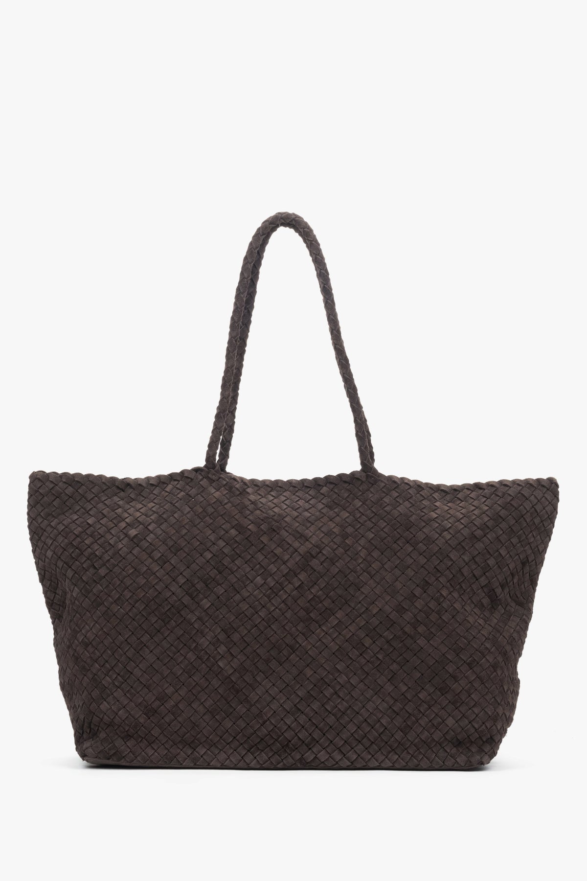 Frontalansicht der luxuriösen dunkelbraunen Damen-Shopper-Tasche mit markantem Flechtmuster.