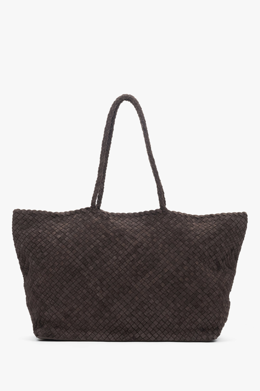 Frontalansicht der luxuriösen dunkelbraunen Damen-Shopper-Tasche mit markantem Flechtmuster.