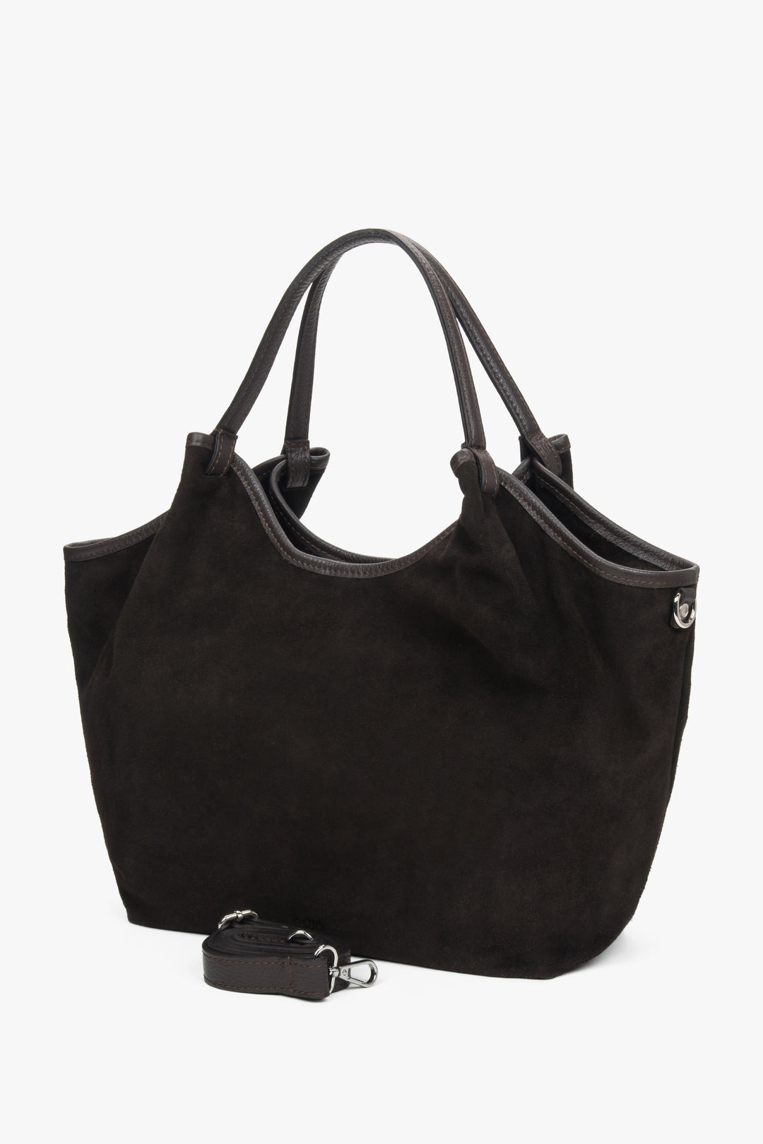 Schrägansicht der Shopper-Tasche mit montiertem langen Riemen für die Crossbody-Trageweise