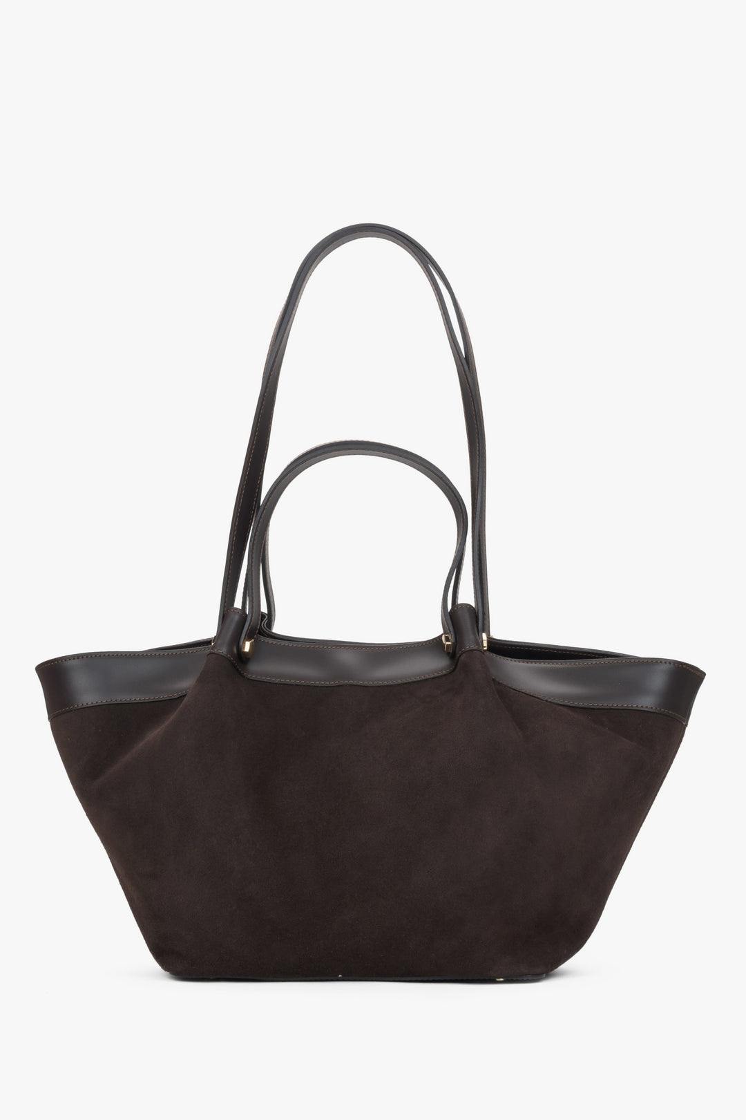 Frontansicht der geräumigen dunkelbraunen Velours-Shopper-Tasche mit dem praktischen doppelten Henkel