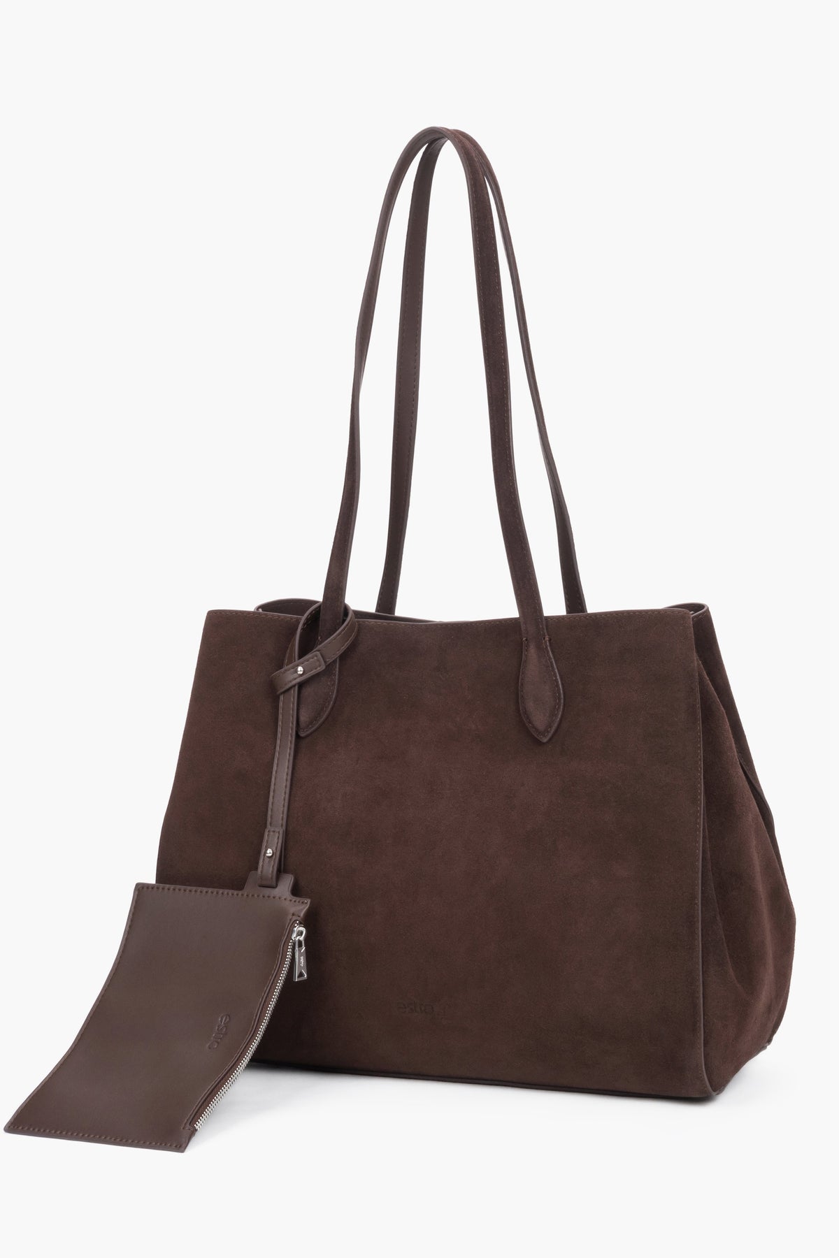 Seitenansicht der großen braunen Wildleder-Tote-Bag mit Henkeln