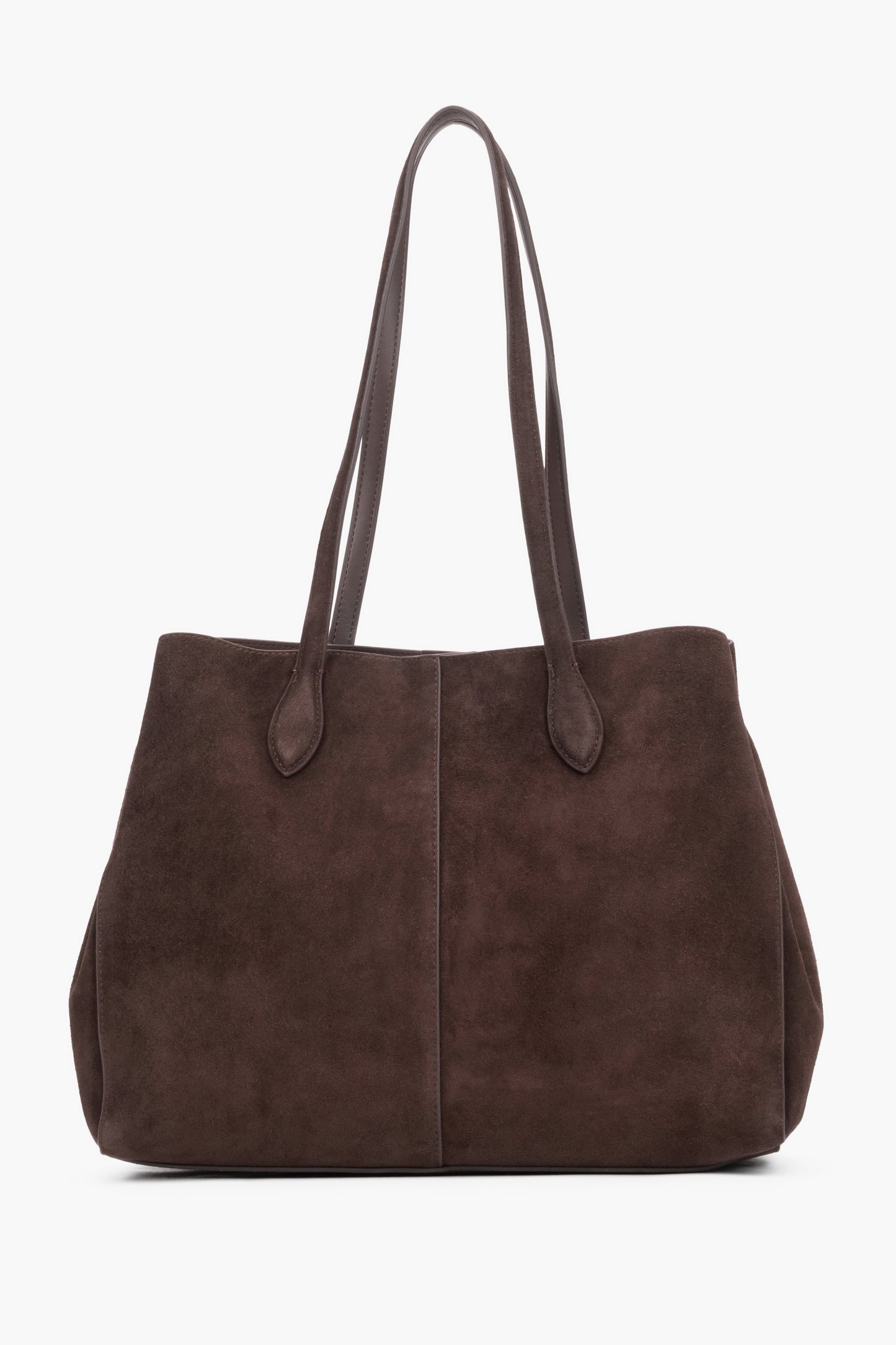 Braune Veloursleder-Shopper-Tasche schräg von vorne mit sichtbarer Innentasche