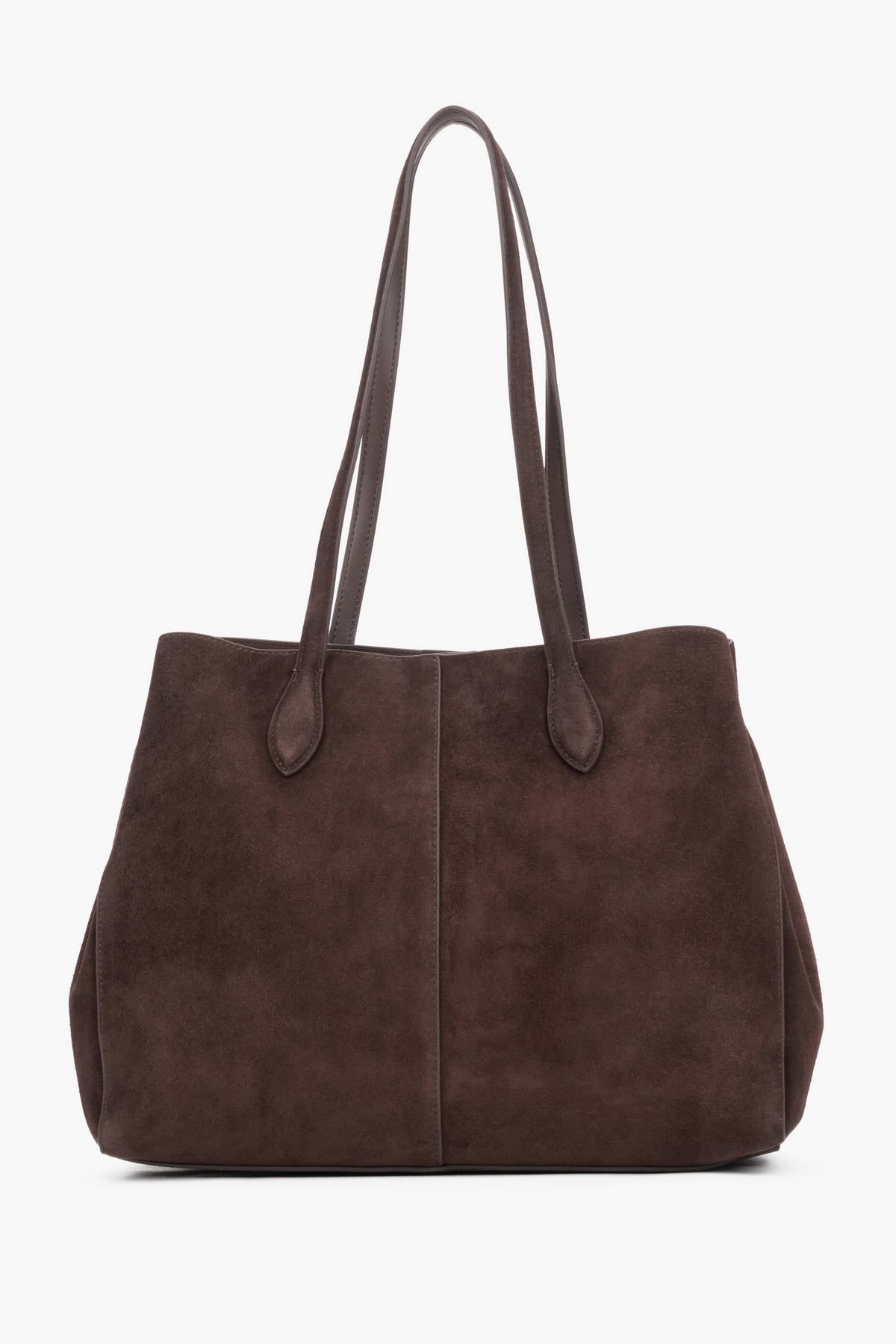 Braune Veloursleder-Shopper-Tasche schräg von vorne mit sichtbarer Innentasche