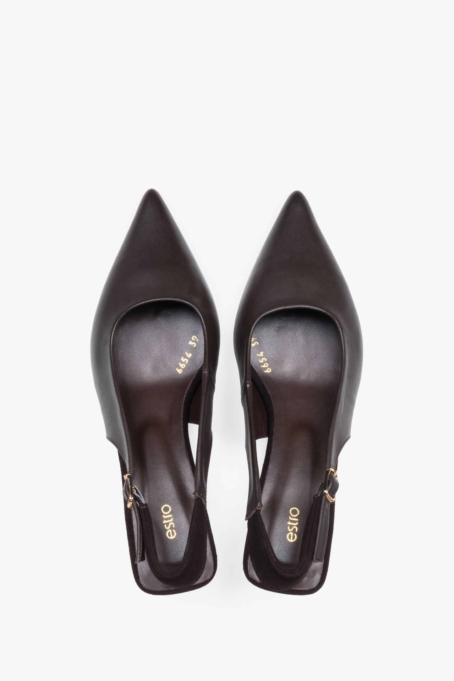 Dunkelbraune Damen-Slingback-Pumps aus Leder und Veloursleder von oben als Paar