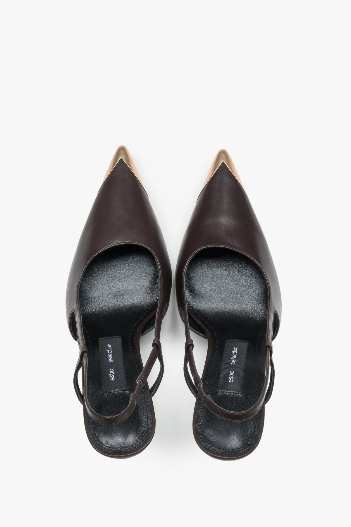Dunkelbraune Damen-Slingpumps von oben als Paar mit Chevro-Lederdecksohle