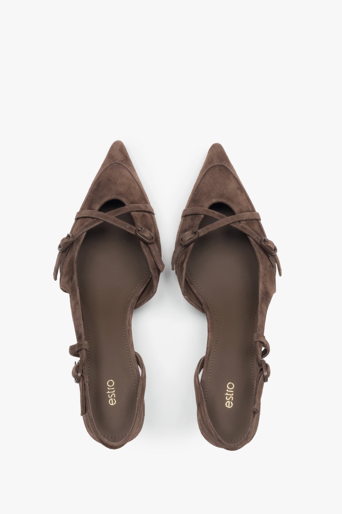 Dunkelbraune Damen-Slingpumps von oben mit Chevreau-Lederdecksohle