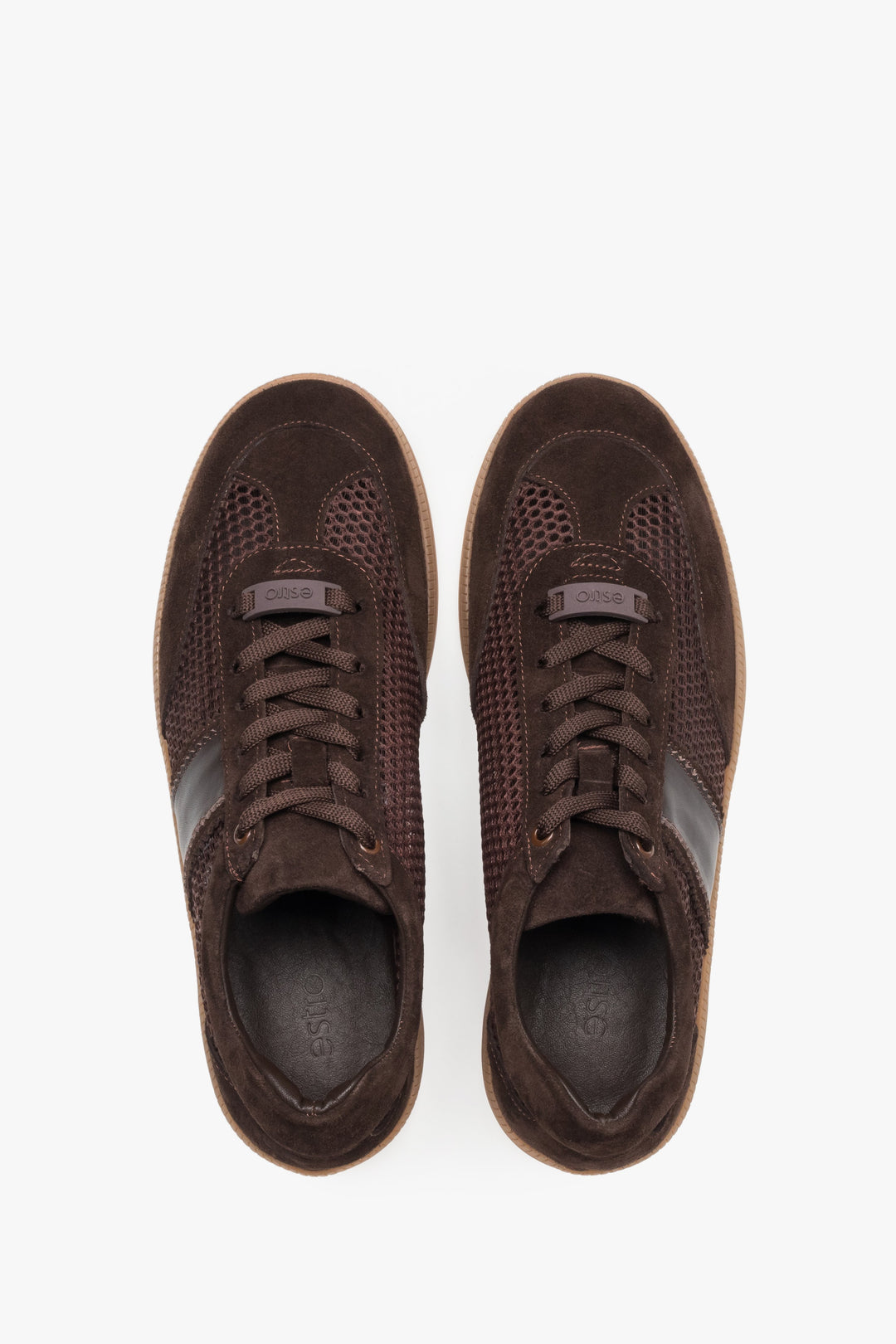 Dunkelbraune Damen-Sneaker aus Leder und Mesh als Paar in Draufsicht