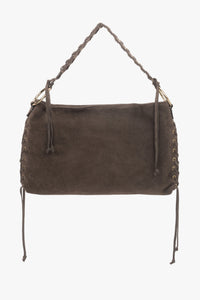 Ansicht der dunkelbraunen Boho-Handtasche aus Veloursleder mit geflochtenem Henkel