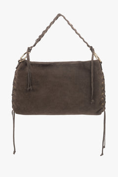 Ansicht der dunkelbraunen Boho-Handtasche aus Veloursleder mit geflochtenem Henkel