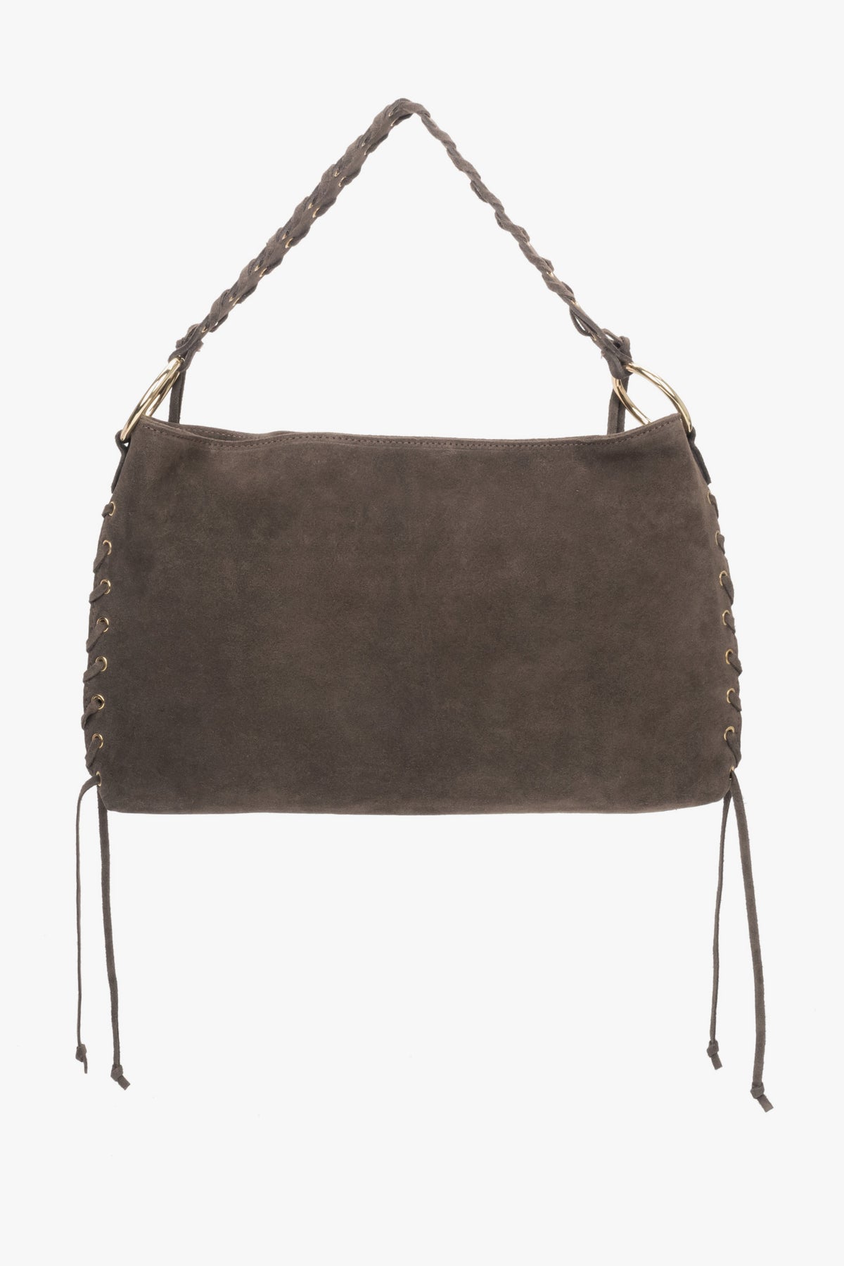 Frontale Ansicht der dunkelbraunen Ledertasche mit Fransenbändern