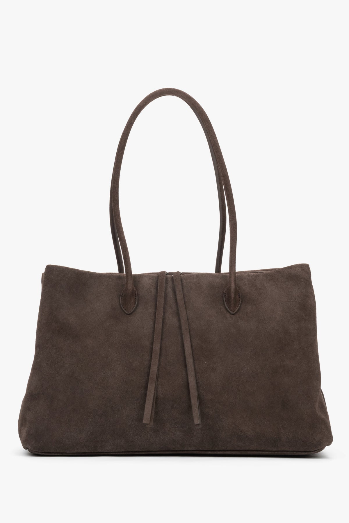 Frontalansicht der großen dunkelbraunen Damen-Tote-Bag aus Velours.