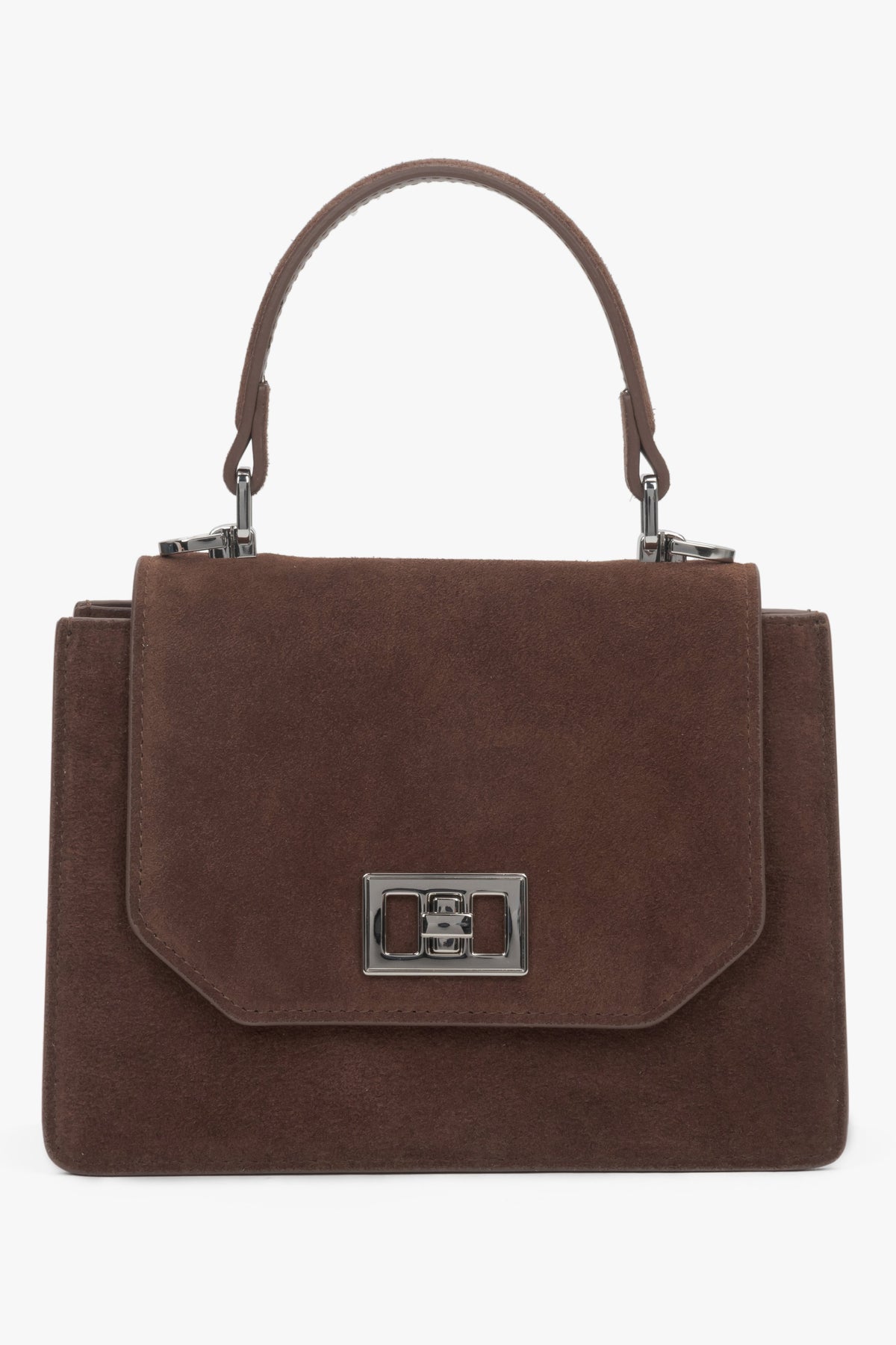 Vorderansicht der dunkelbraunen Mini-Henkeltasche aus weichem Velours.
