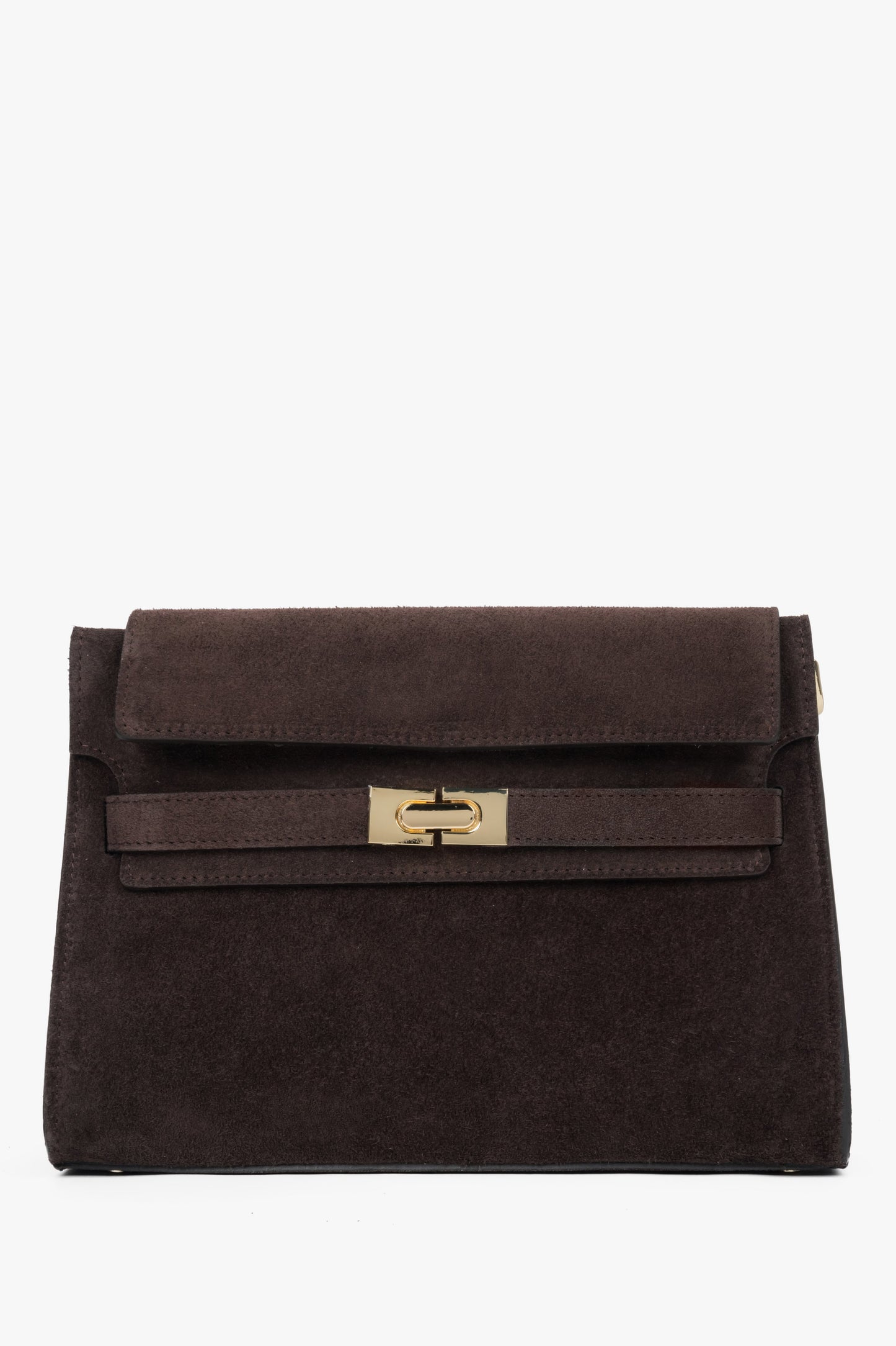 Frontansicht der eleganten dunkelbraunen Velours-Handtasche mit markantem Verschluss