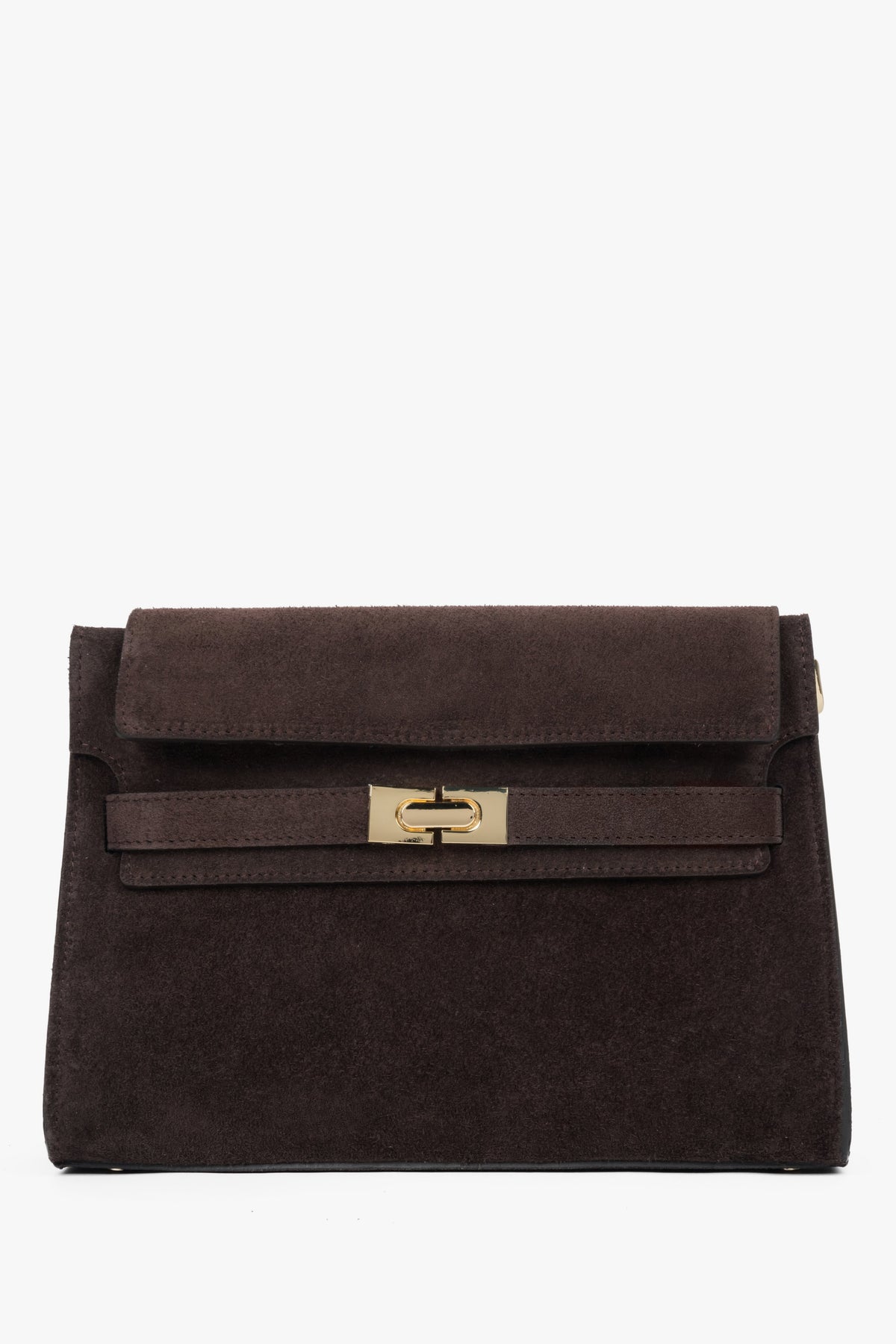 Frontansicht der eleganten dunkelbraunen Velours-Handtasche mit markantem Verschluss