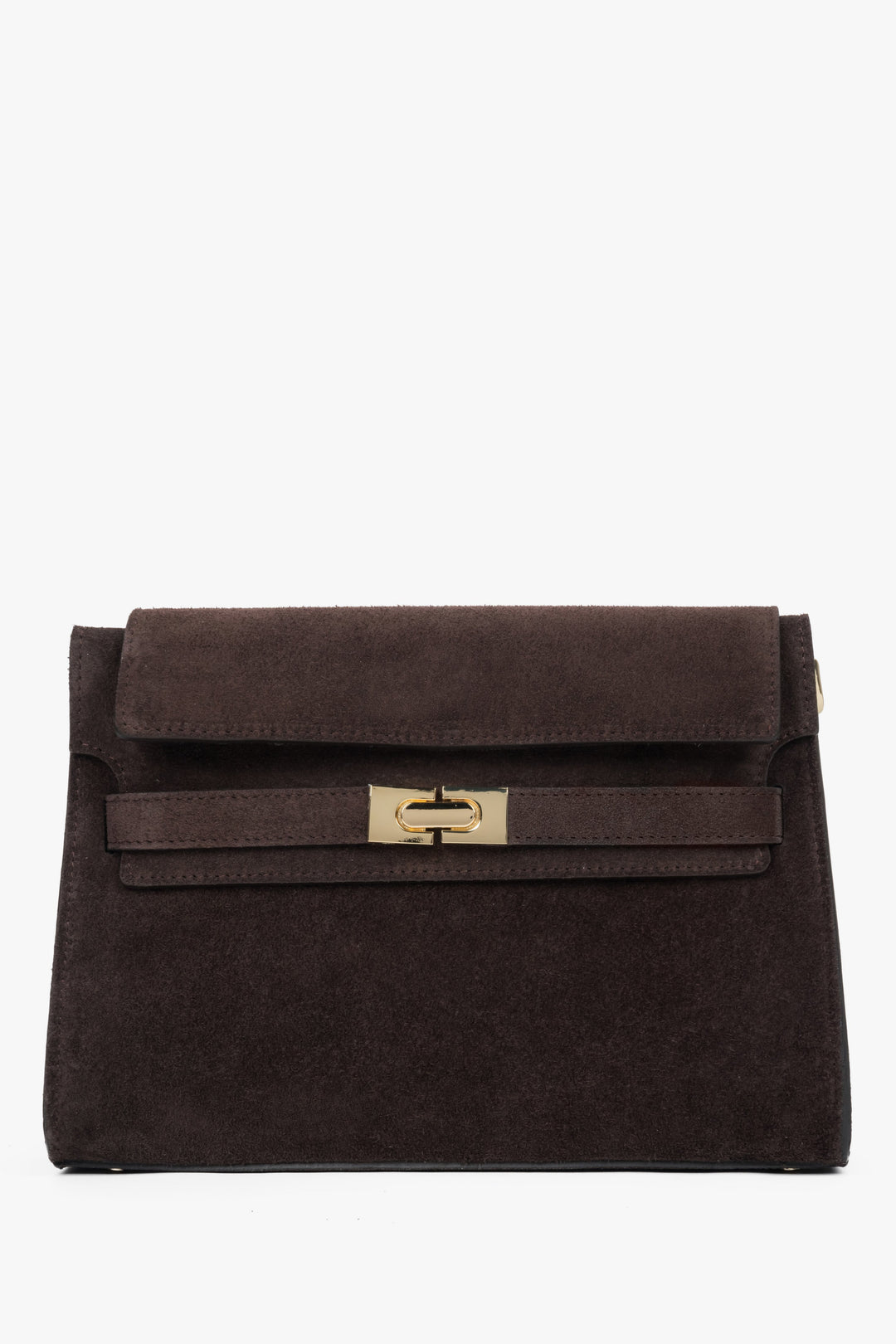 Frontansicht der eleganten dunkelbraunen Velours-Handtasche mit markantem Verschluss