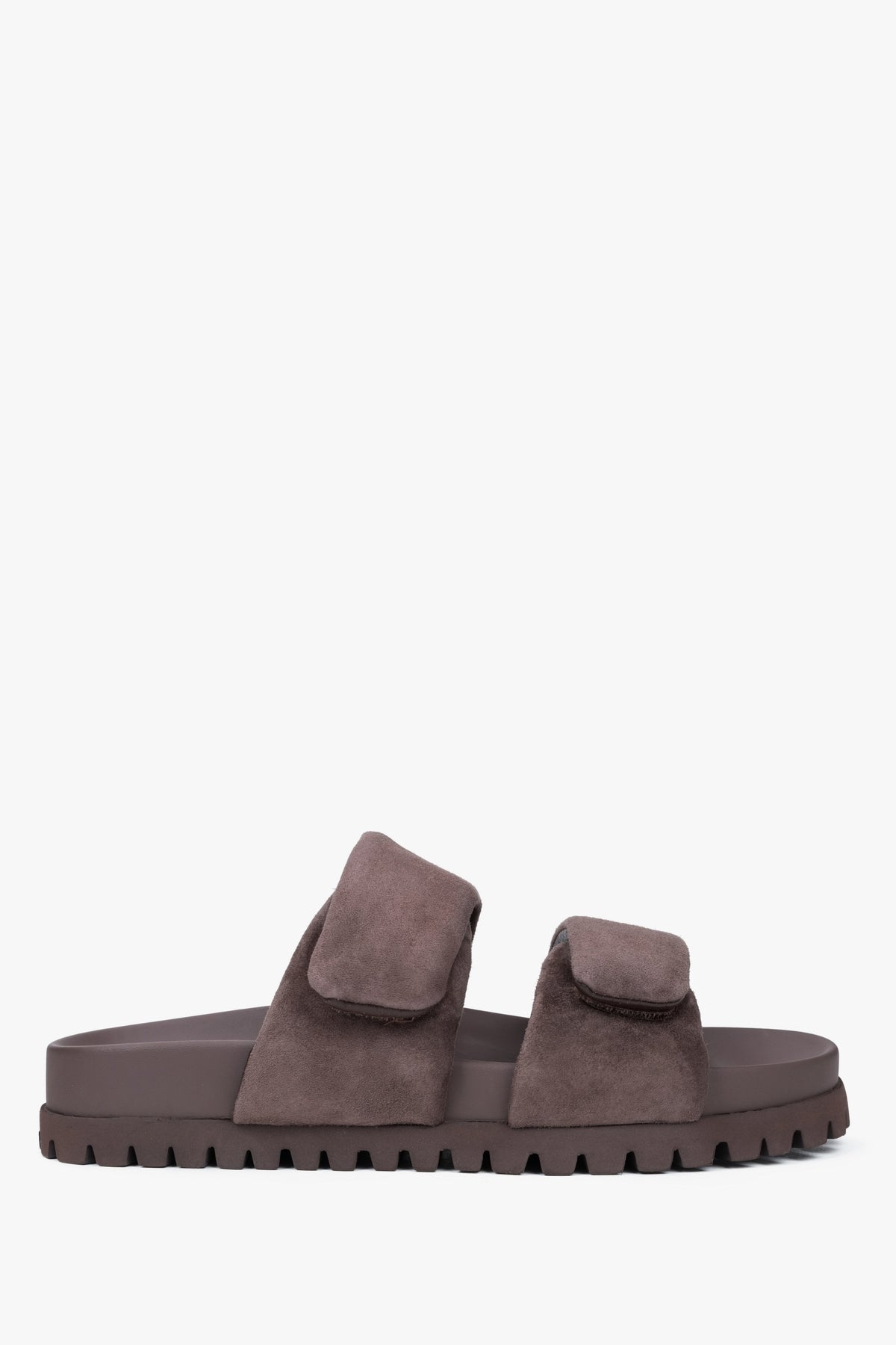 Damen-Pantoletten in Dunkelbraun aus Veloursleder mit flacher Sohle Estro ER00116945