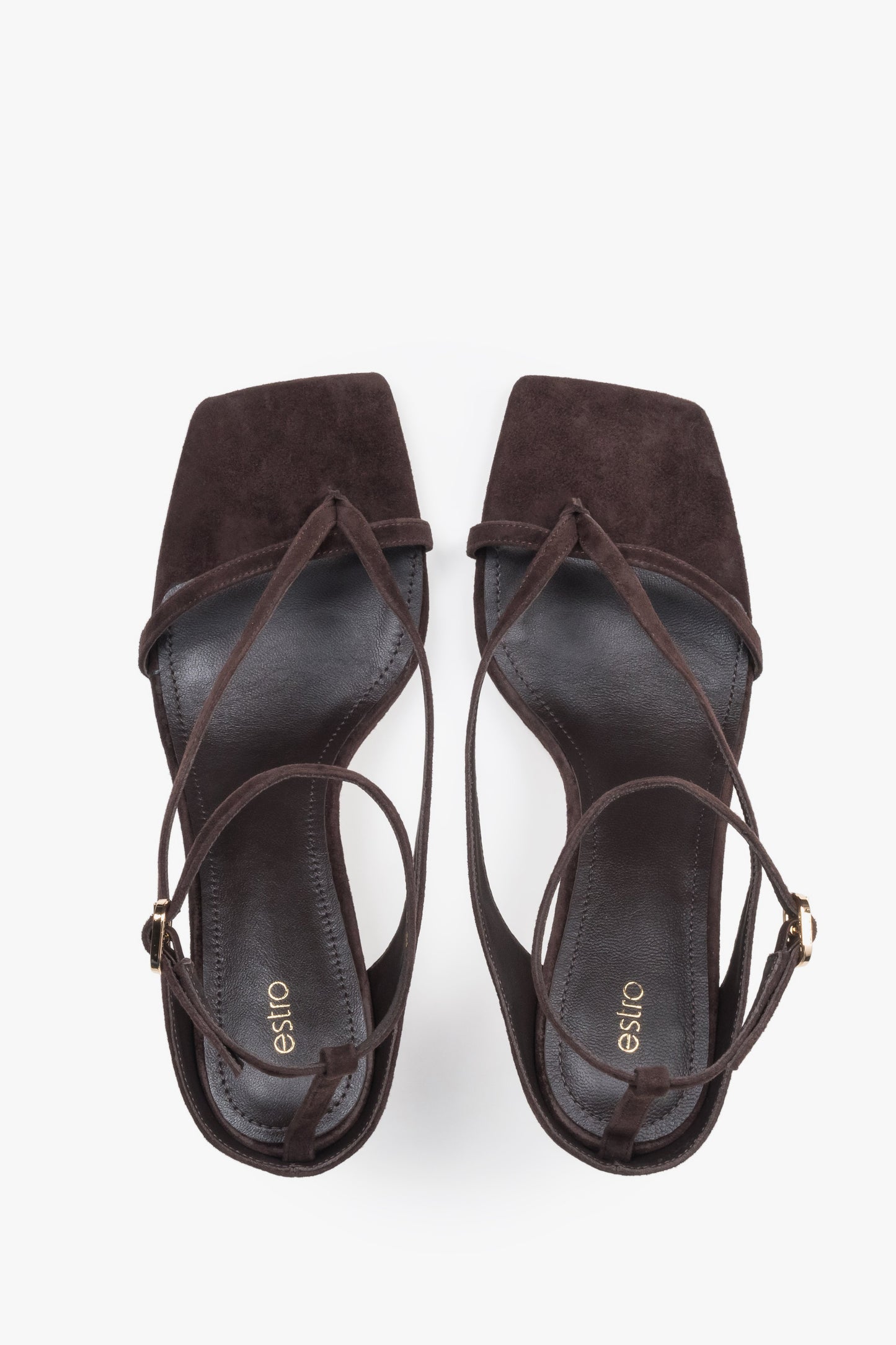 Paar dunkelbraune Velours-Sandalen mit Trichterabsatz von Estro
