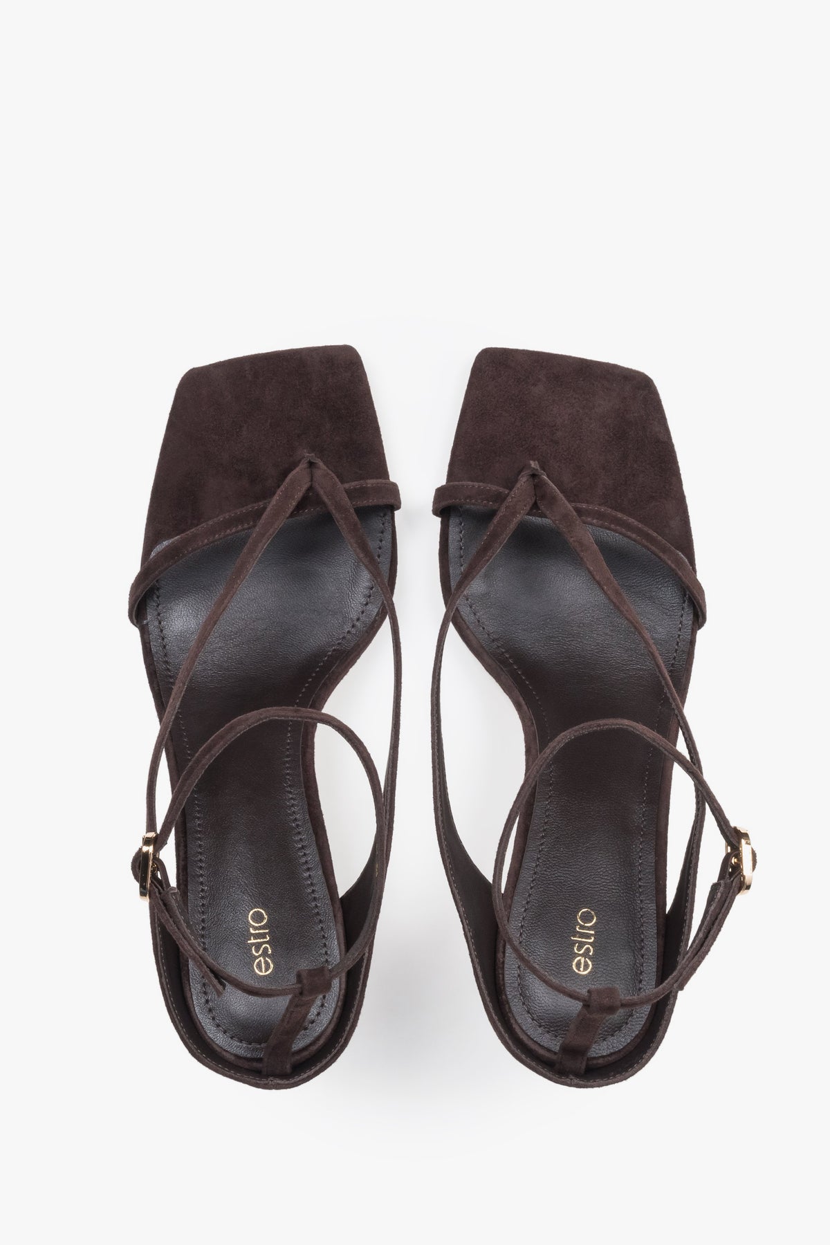 Paar dunkelbraune Velours-Sandalen mit Trichterabsatz von Estro