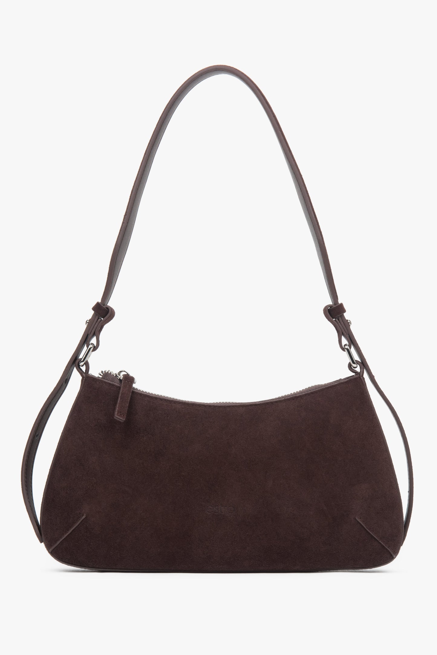 Dunkelbraune Damen-Schultertasche von Estro aus weichem Veloursleder.